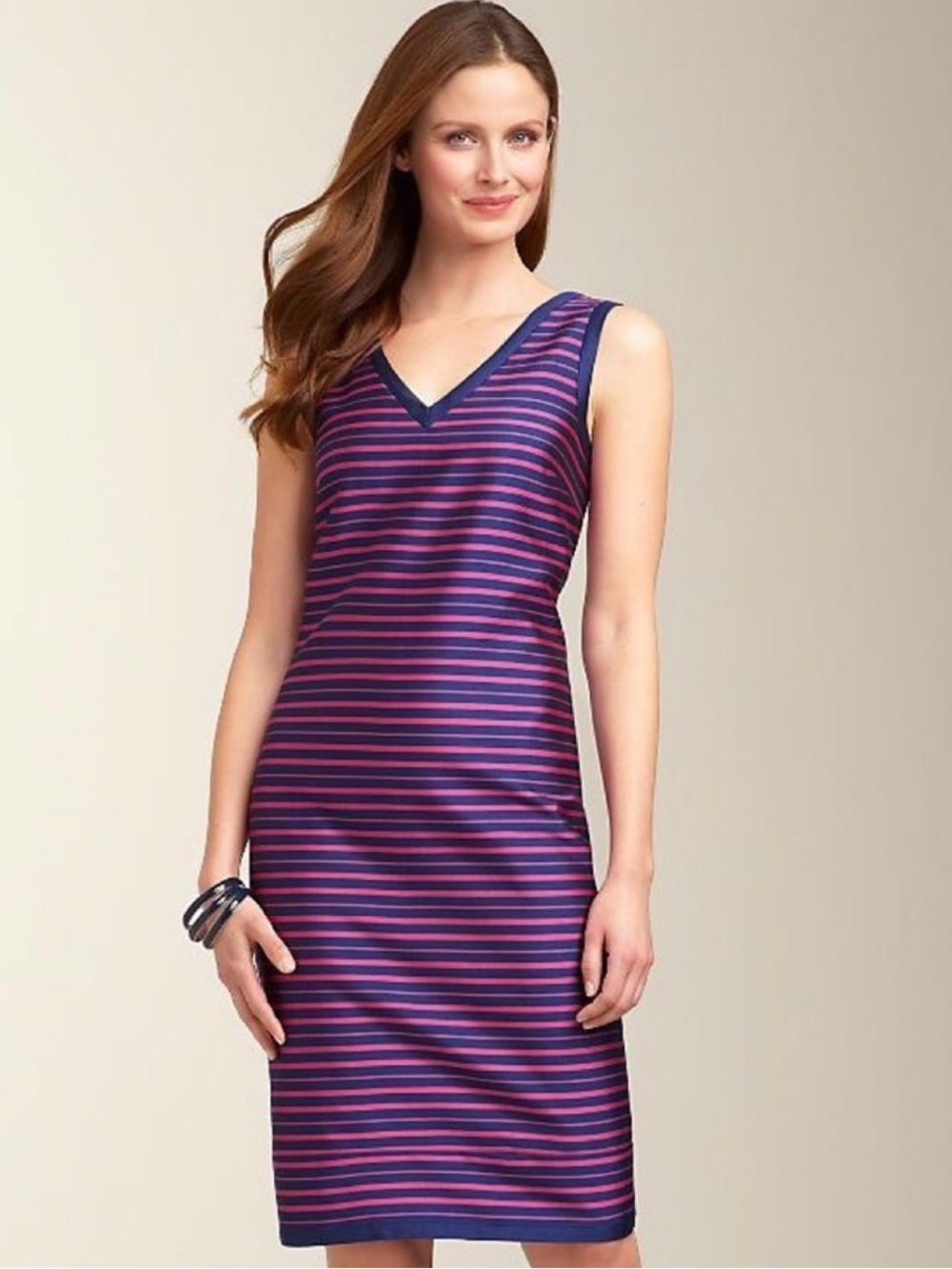 Talbots Sleeveless V-Neck Striped Dress in Navy  and Pink Silk/Cotton 10 Petite